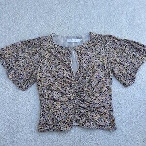 ASTR Floral Ditsy Ruched Keyhole Blouse Sage Peach Multi Size XS